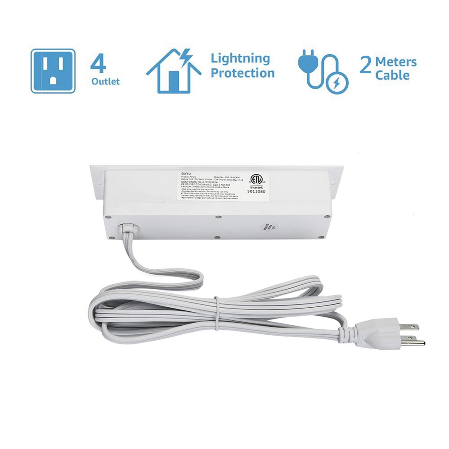 Conference Recessed Power Strip, Desktop Power Grommet with Switch, Recessed Desk Outlet Socket, 6.56ft Extension Cord, 4 Outlet, 2 USB Ports (White)