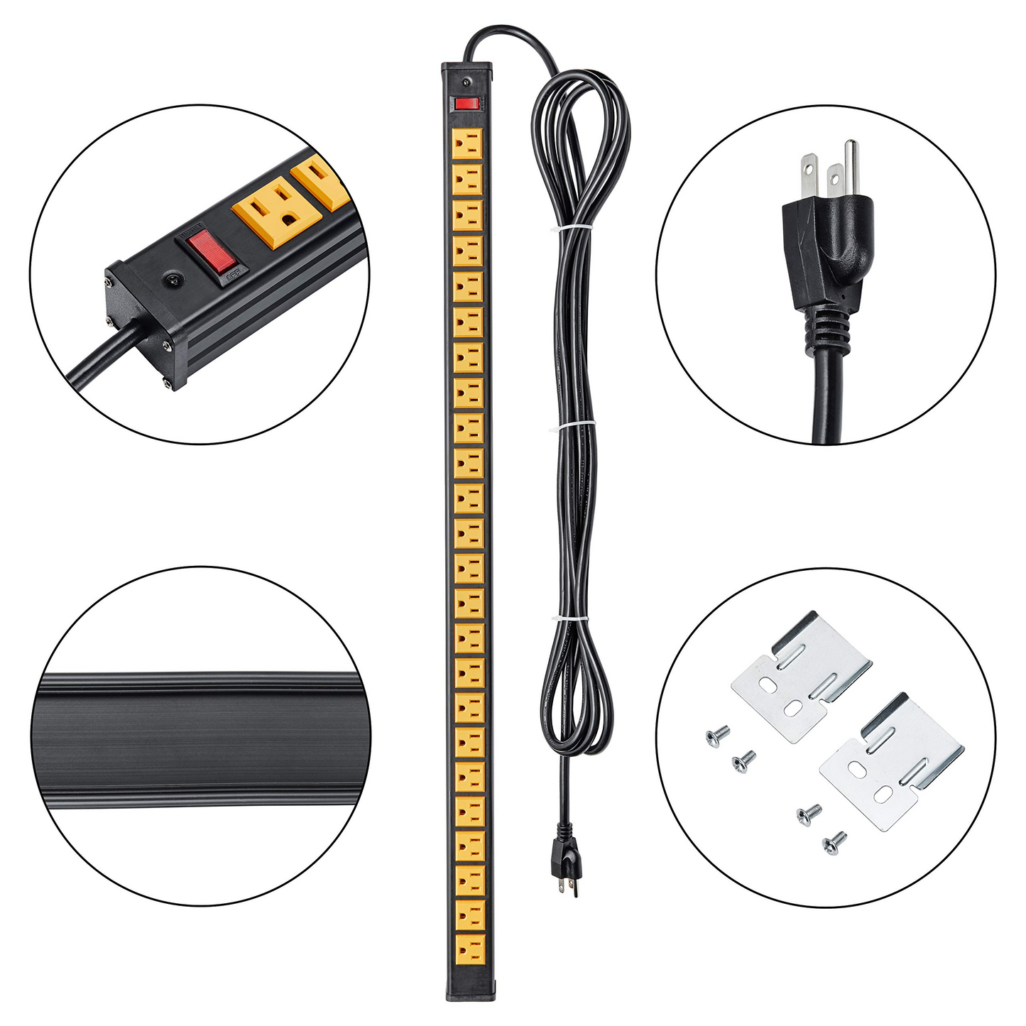 BTU Rack Mount Power Outlet Surge Protector Power Strip 24 Outlet Heavy Duty Multi Plug Outlet Aluminum Socket with Smart Circuit Breaker and 10 Ft Long Cord (Yellow)