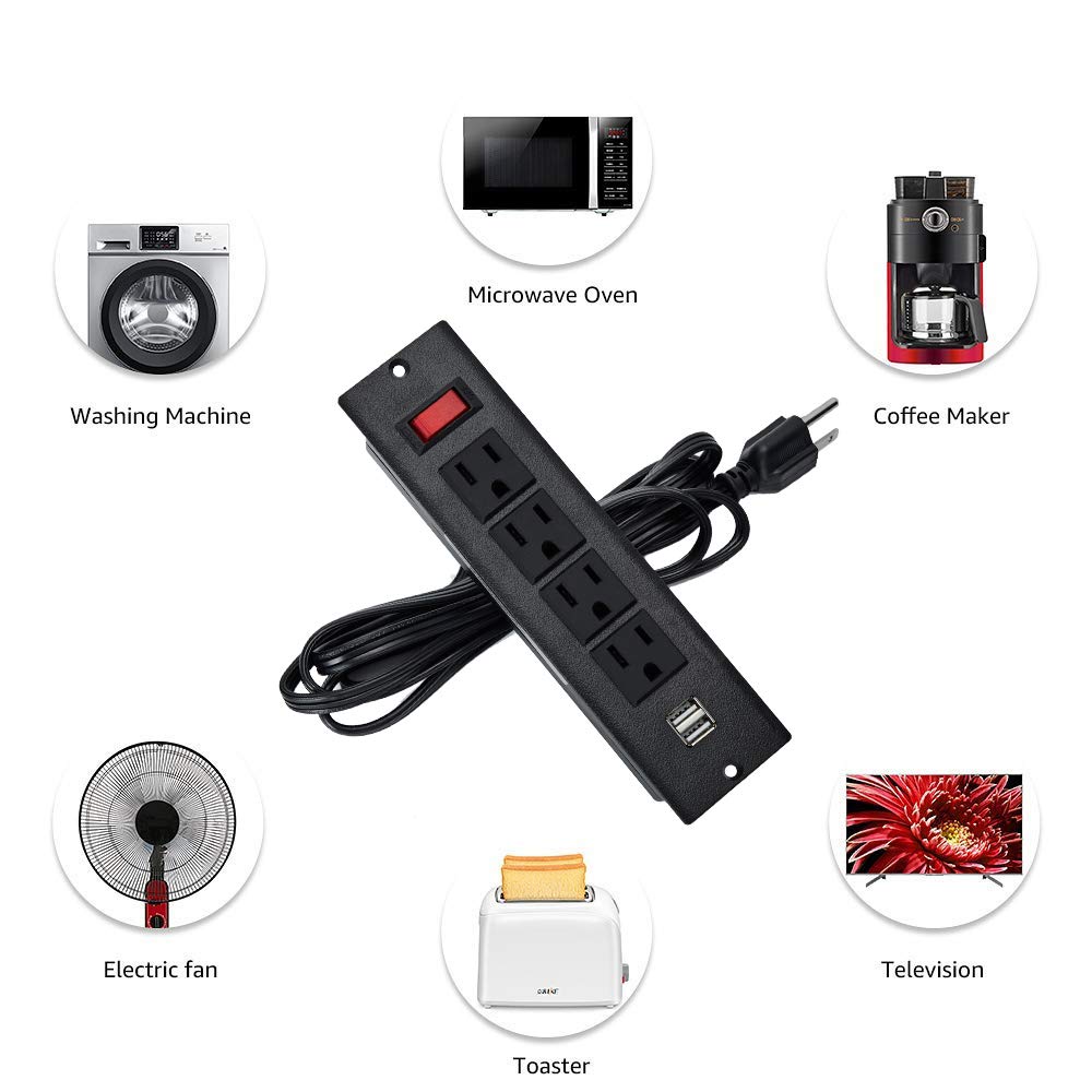 Conference Recessed Power Strip, Desktop Power Grommet with Switch, Recessed Desk Outlet Socket, 6.56ft Extension Cord, 4 Outlet, 2 USB Ports (Black)